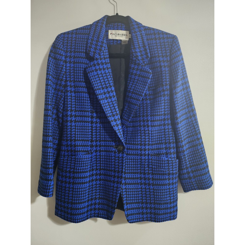 JH Collectibles Petites Blue Black Houndstooth Worsted Wool Blazer Jacket Size 2